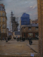  painting showing the Statue looming over the neighborhood during construction